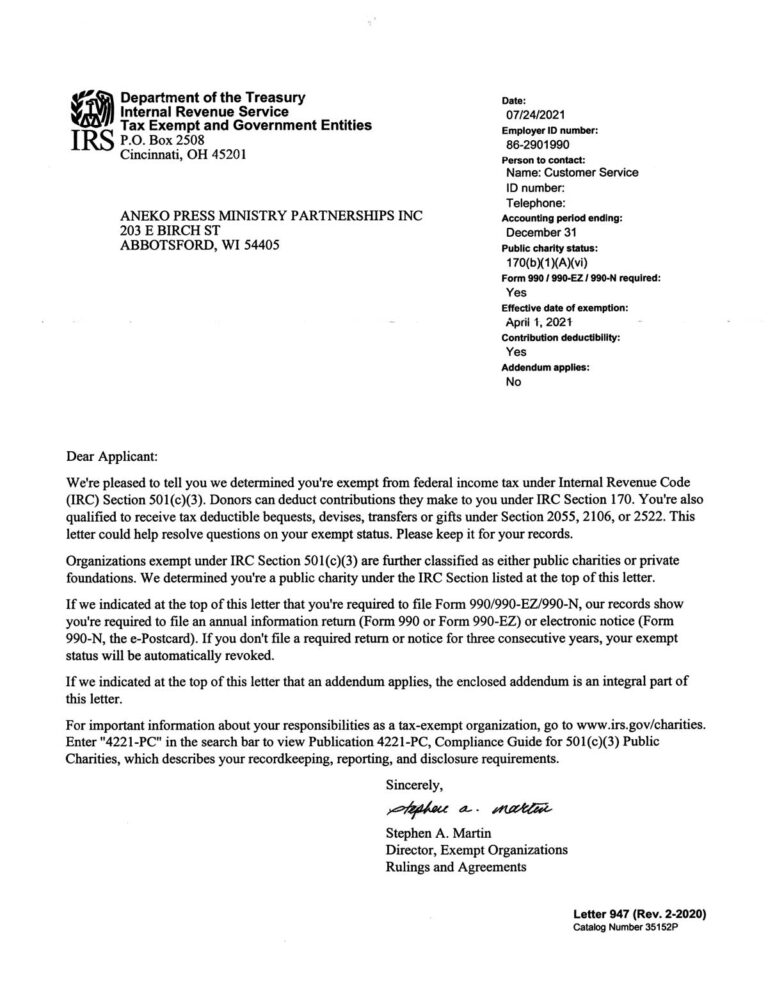 IRS NonProfit Acceptance Letter Aneko Press Ministry Partnerships